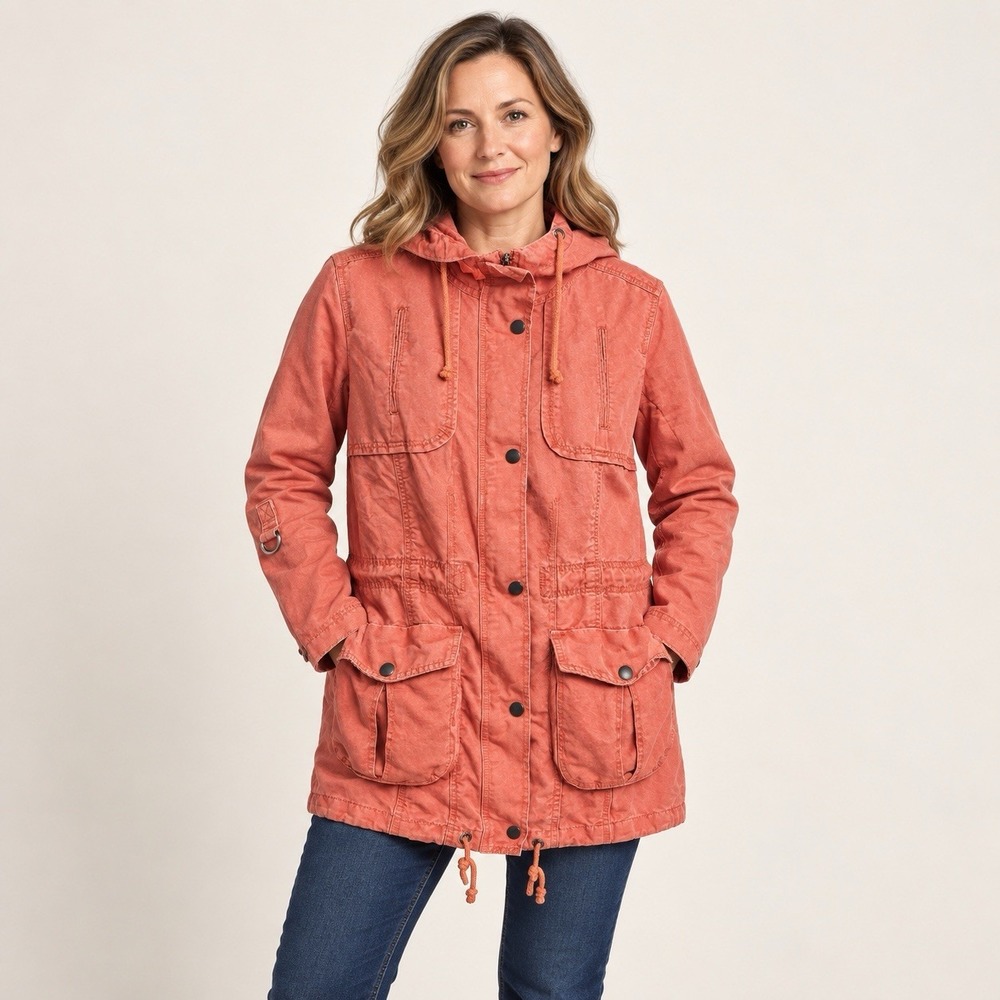Eddie Bauer Womens L Y2K Coral Orange Linen Cotton Hooded Utility Jacket